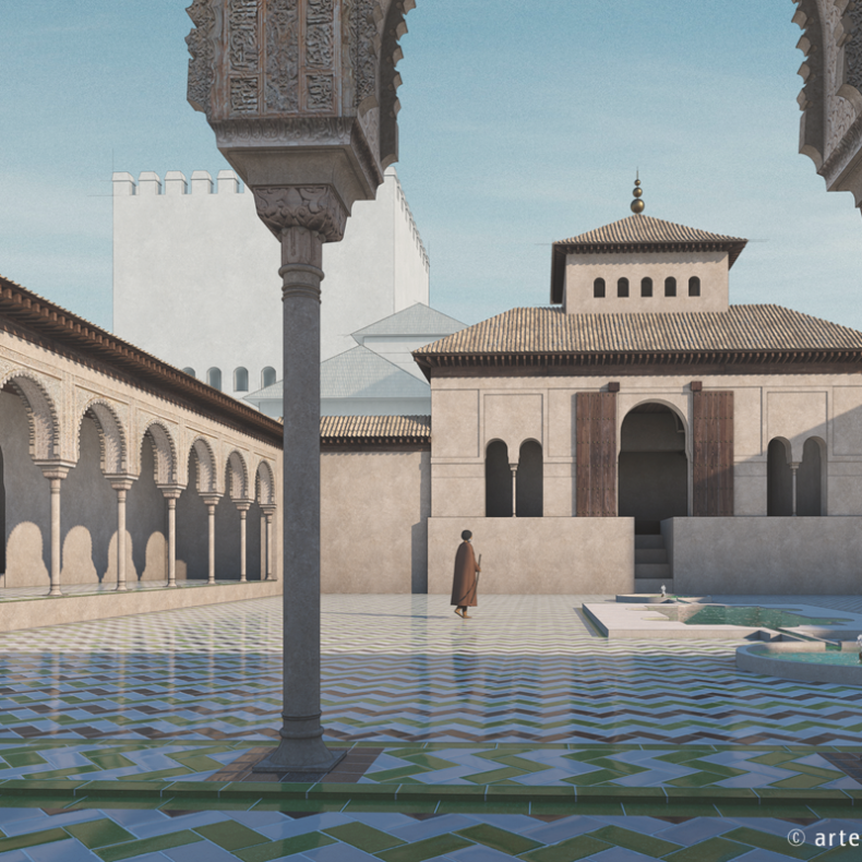 This image shows courtyard 2 of the Alhambra with delicate floor designs consisting of glazed tiles in green and white.