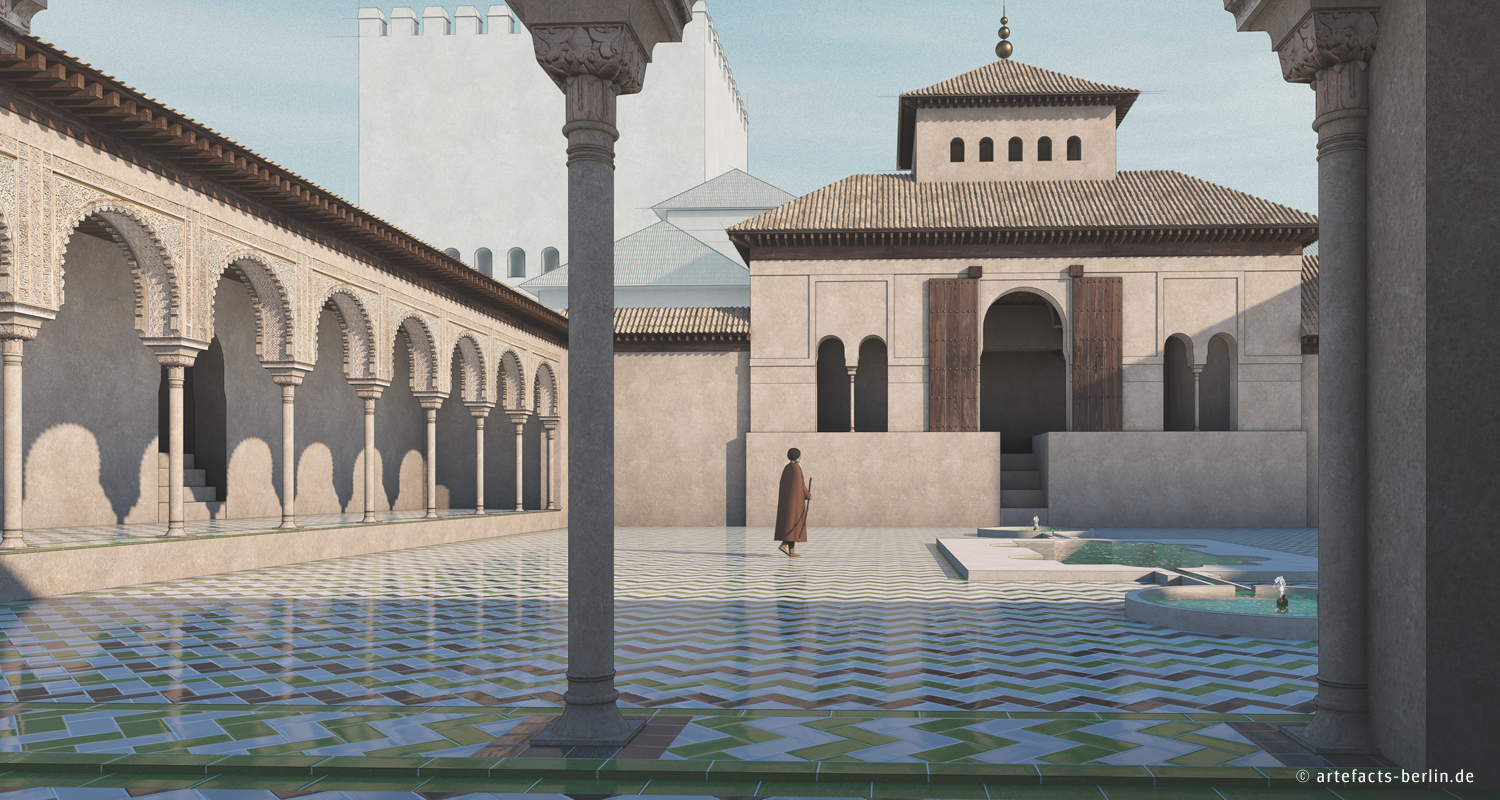 This image shows courtyard 2 of the Alhambra with delicate floor designs consisting of glazed tiles in green and white.