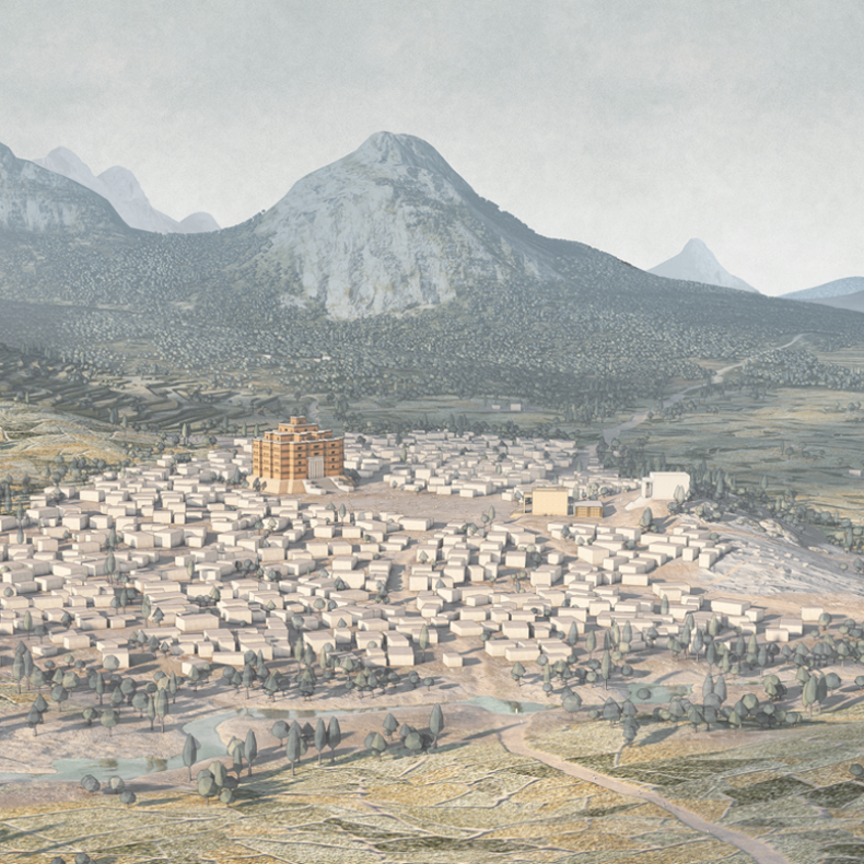 This rendering shows the whole reconstructed settlement of Yeha in a beautifully rendered green environment with mountains in the back.